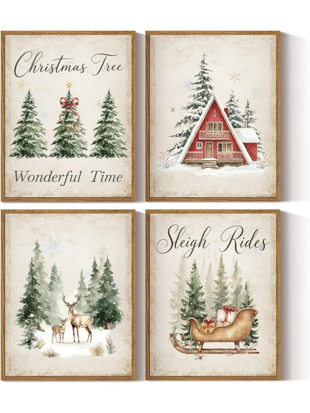 VIYYIEA Set of 4 Christmas Wall Art, Vintage Watercolor Prints, 11x14 Inch